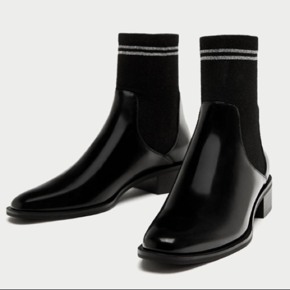 Zara Black Shiny Leather Ankle Sock Boot Sz.40 NEW